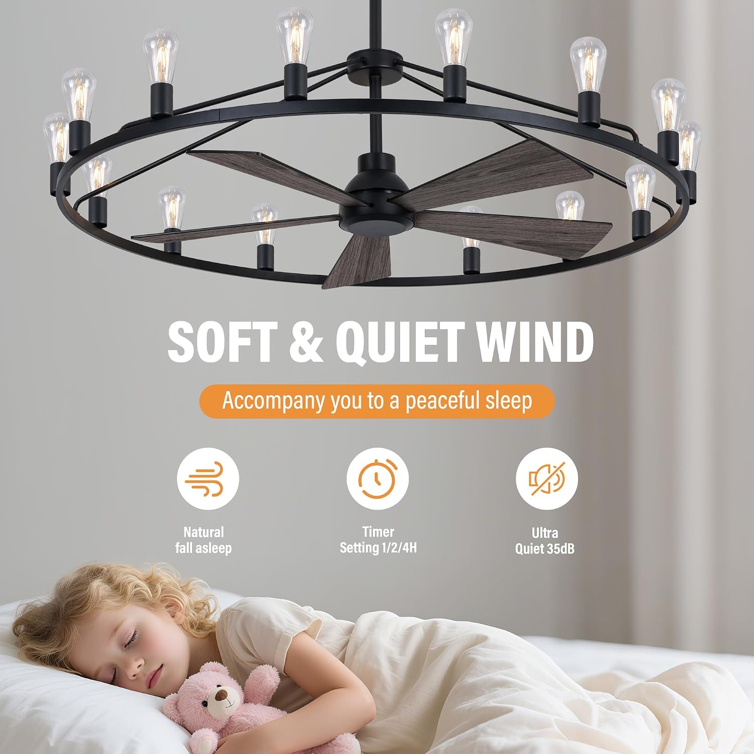 She's home 50' Wagon Wheel Chandelier with Fans, Black Large Farmhouse Ceiling Fan with Light and Remote, 15-Lights Round Rustic Fandelier for Living Room, Dining Room, Height Adjustable