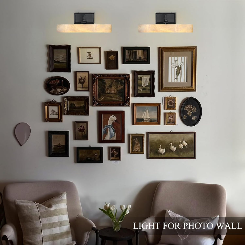 Alabaster Picture Light Hardwired, 12' Matte Black Art Light for Wall & Paintings, Real Spanish Marble Picture Frame Light, Dimmable LED Gallery Lighting, Bathroom Vanity Light Accent for Mirror Use