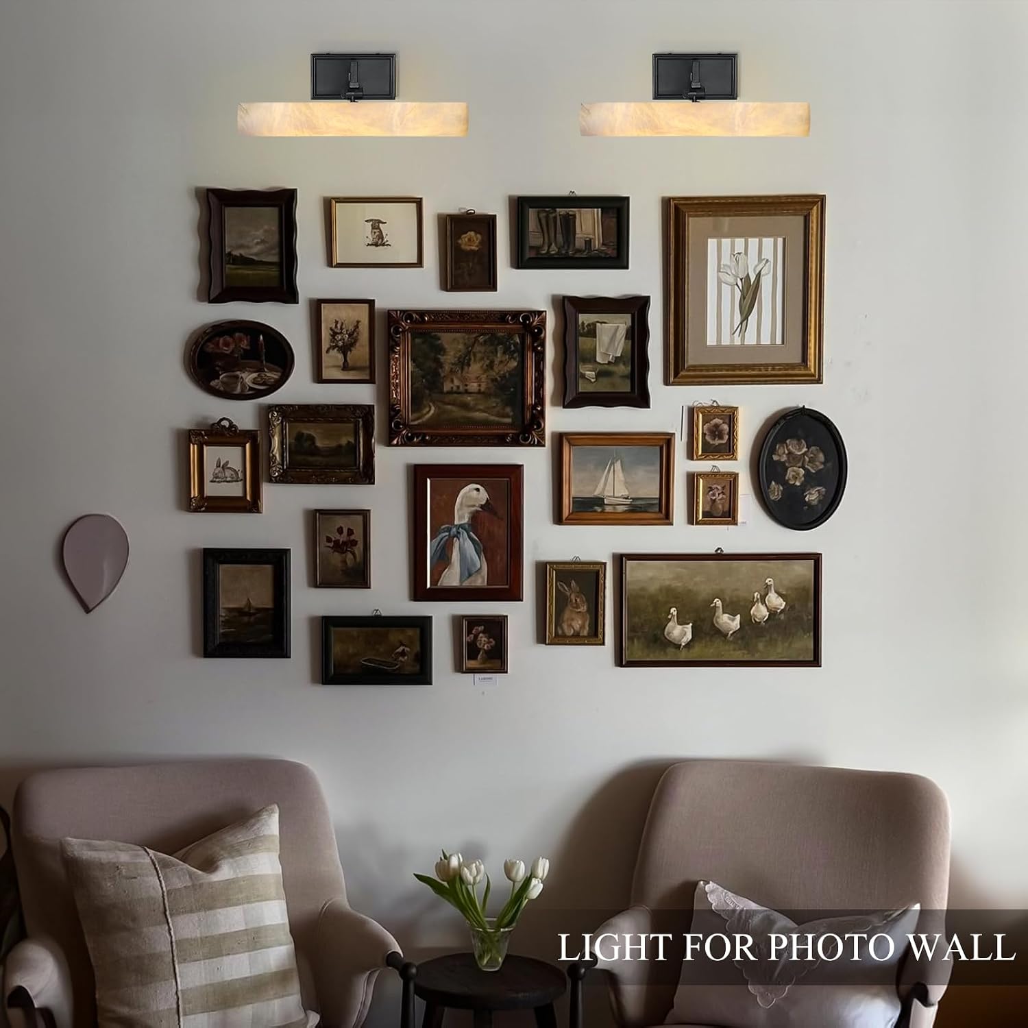 Alabaster Picture Light Hardwired, 12' Matte Black Art Light for Wall & Paintings, Real Spanish Marble Picture Frame Light, Dimmable LED Gallery Lighting, Bathroom Vanity Light Accent for Mirror Use