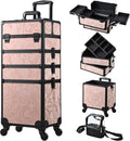 Stagiant Rolling Makeup Case 4 in 1 Cosmetology Case on Wheels Makeup Travel Case with Cosmetic Bag Key Swivel Wheels Salon Barber Case Traveling Cart Trunk Cosmetic Trolley Alpine Pink