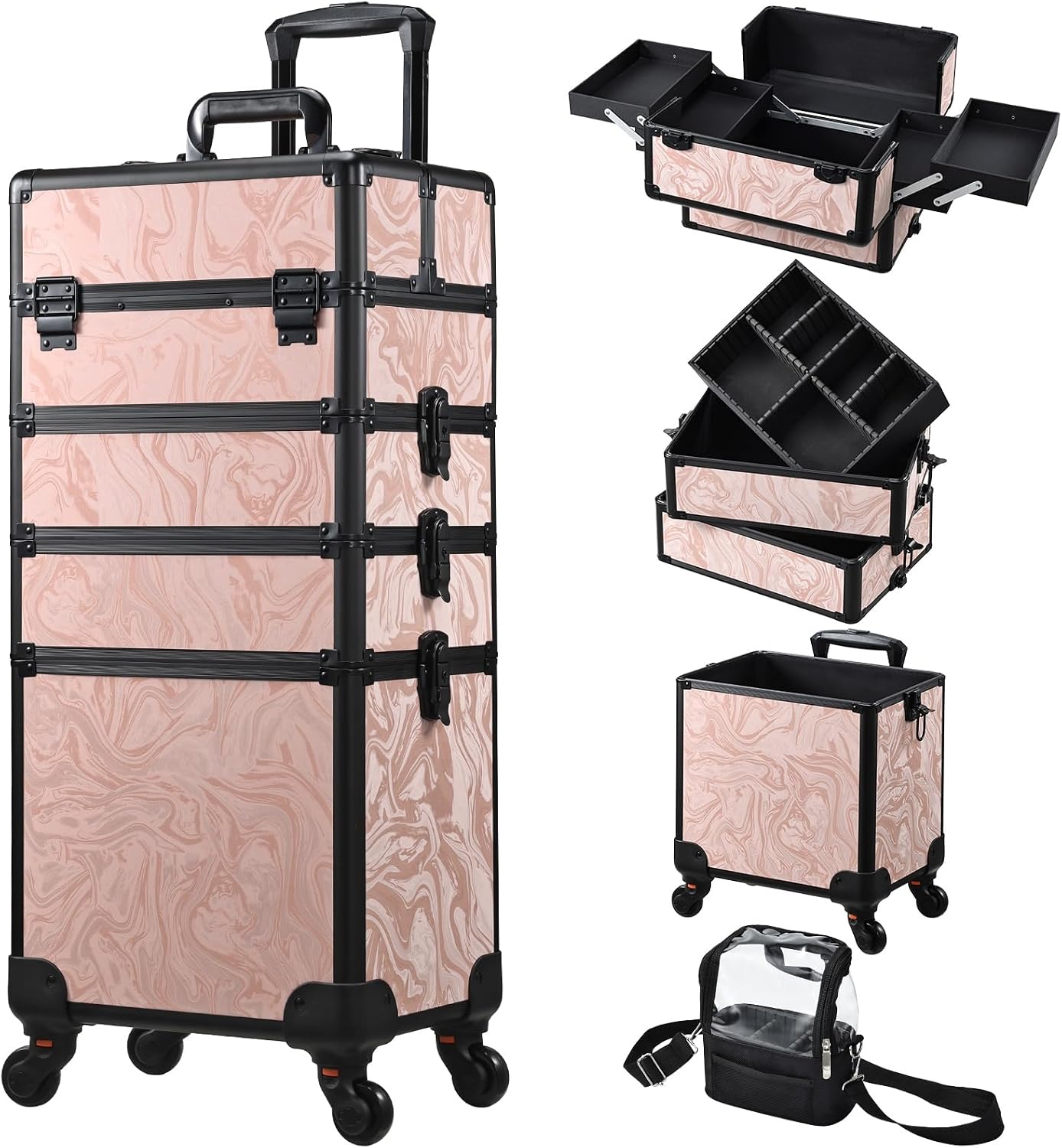 Stagiant Rolling Makeup Case 4 in 1 Cosmetology Case on Wheels Makeup Travel Case with Cosmetic Bag Key Swivel Wheels Salon Barber Case Traveling Cart Trunk Cosmetic Trolley Alpine Pink