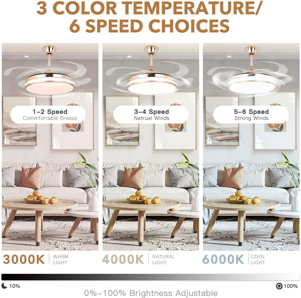 STERREN Retractable Gold Ceiling Fan with Lights, 42 inch Modern Low Profile Bladeless LED Ceiling Fan for Bedroom Living Room