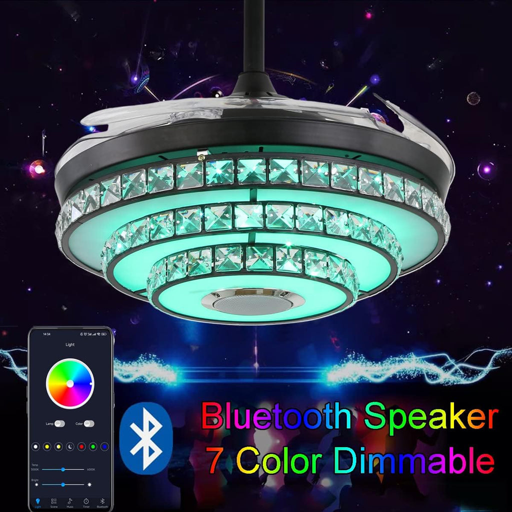 42' Retractable Fandelier Ceiling Fans with Lights Remote Control, Modern Crystal Chandelier with Bluetooth Speaker Reversible Silent Motor 7 Colorul Lighting 6 Speed for Living Room Bedroom
