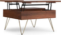 SIMPLIHOME Hunter Lift Top Coffee Table - 32 inch Wide Solid Mango Wood Industrial Square Cocktail Table in Umber Brown, Living Room Table with Dual Lift Tops, Hidden Storage and Gold Hairpin Legs