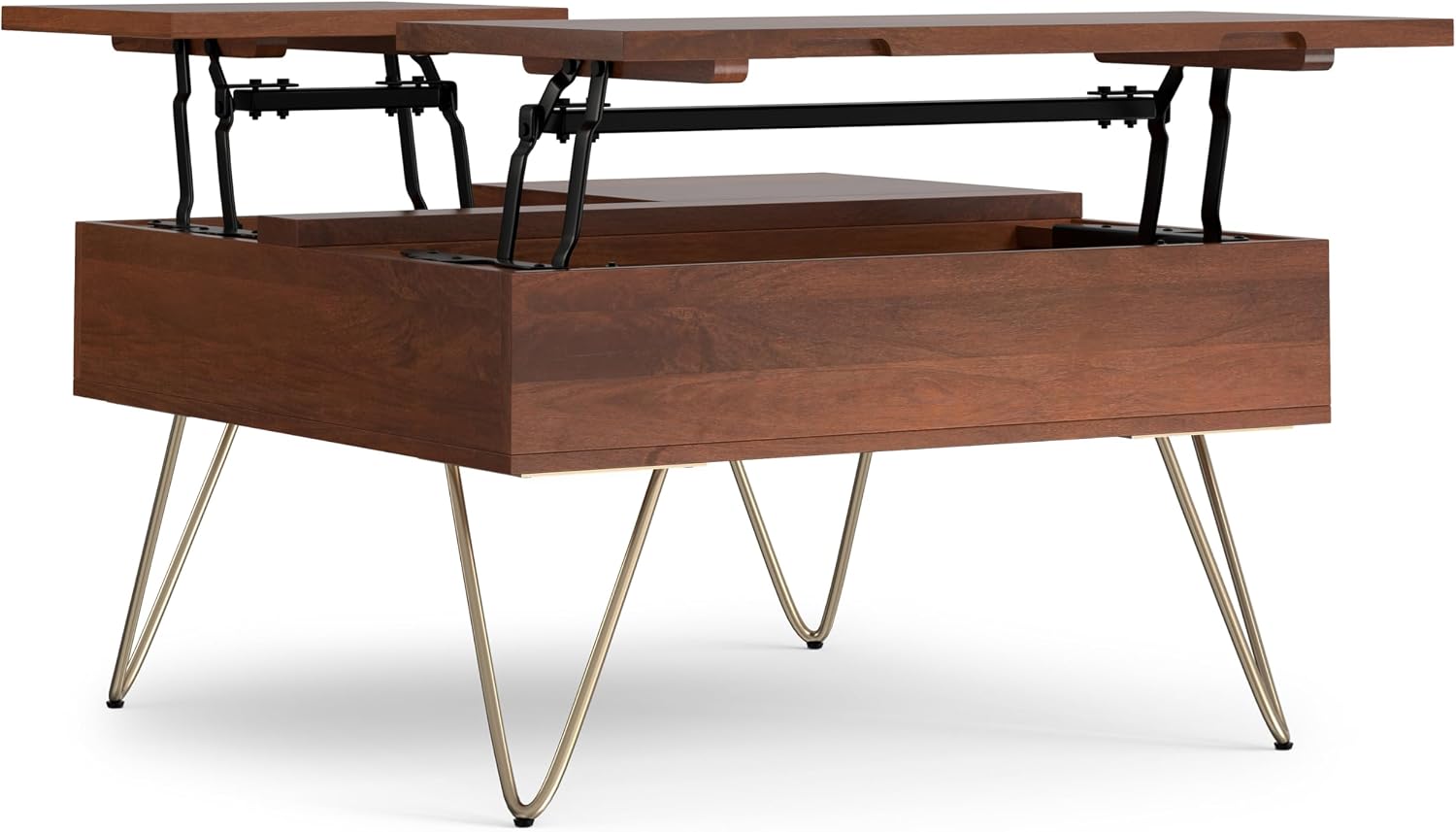 SIMPLIHOME Hunter Lift Top Coffee Table - 32 inch Wide Solid Mango Wood Industrial Square Cocktail Table in Umber Brown, Living Room Table with Dual Lift Tops, Hidden Storage and Gold Hairpin Legs