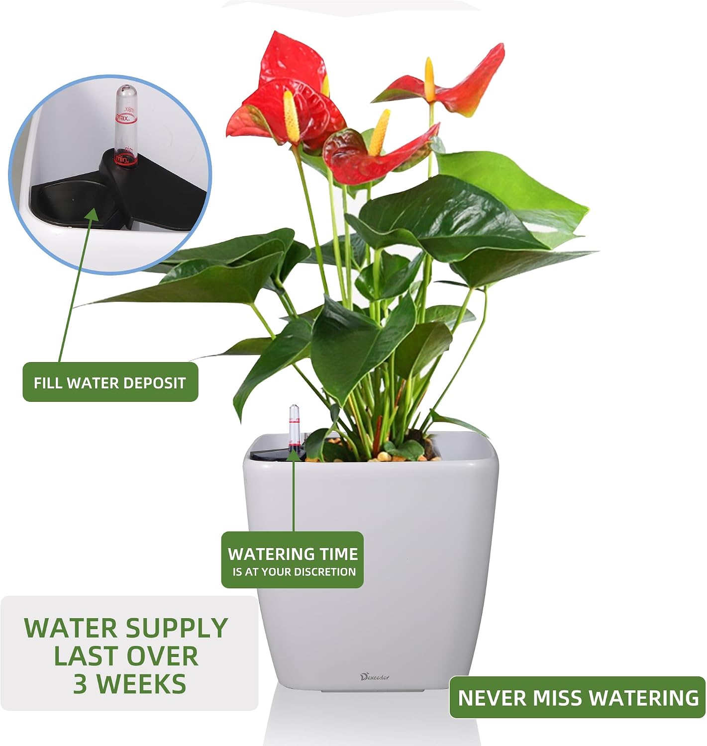 Dexceder 18x17 Self Watering Planter with Wheels (White Matte) | Inner Mat Design, Thickened Large Floor Standing Flower Plant Pot with Water Level Indicator Indoor Outdoor