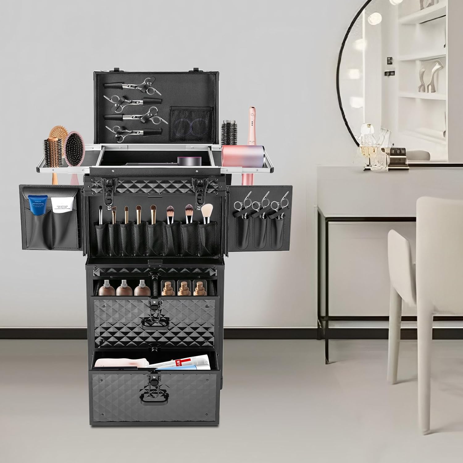 Rolling Makeup Train Case, Aluminum Cosmetic Organizer Box Rolling Lockable Makeup Case with 4 Universal Wheels Large Professional Cosmetology Case Multi-Functional Cosmetic Train Case Black