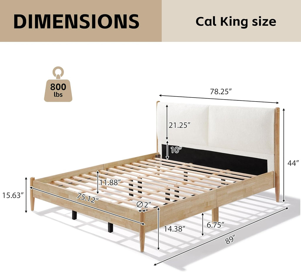 Christopher Knight Home Raven Modern California King Size Bed Frame with Upholstered Headboard, Natural Wood California King Size Platform Bed Frame, No Box Spring Needed, Easy Assembly, White+Natural