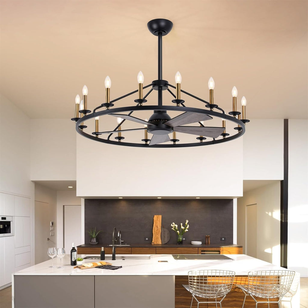 44' Black+Gold Wagon Wheel Chandelier with Fans, Farmhouse Ceiling Fan with 16-Lights and Remote, Adjustable Height, Rustic Chandelier for Living Room Bedroom, 6-Speed Reversible Large Fandelier