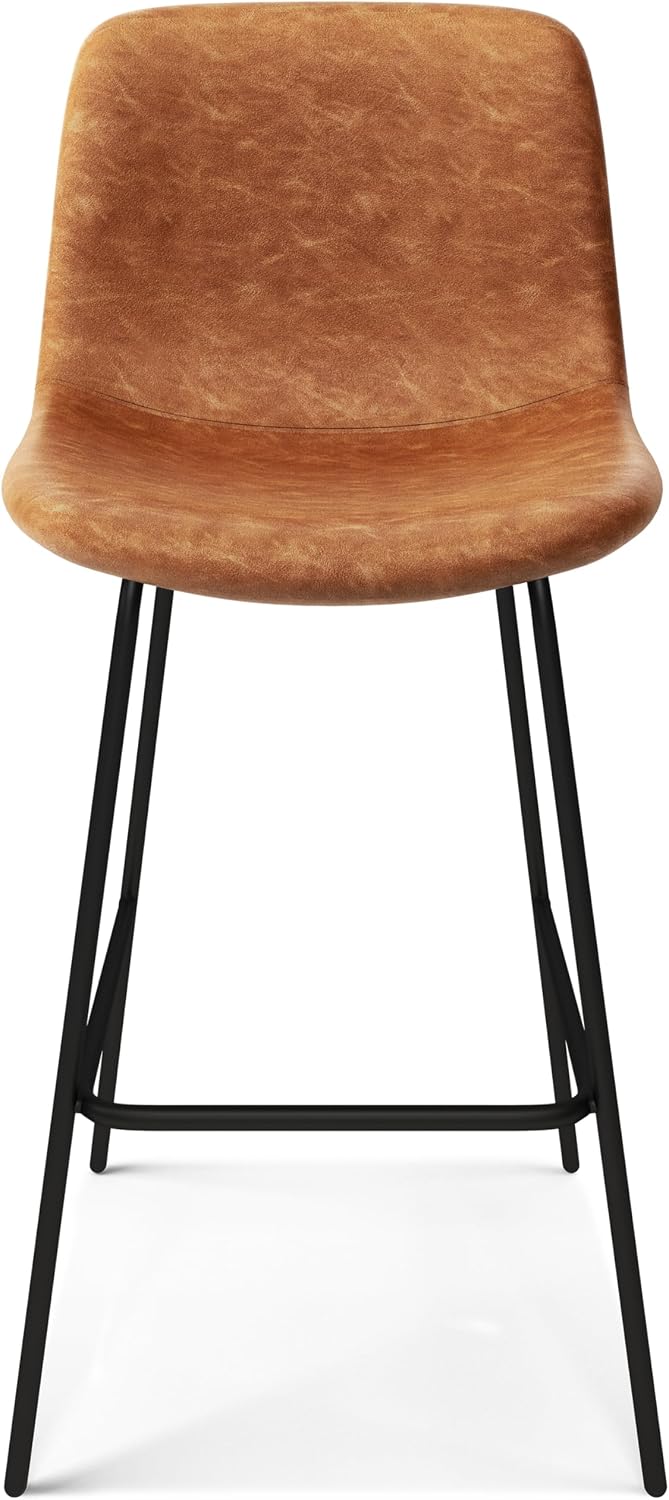 SIMPLIHOME Jolie Contemporary 28 inch Bar Stool (Set of 2) in Camel Brown Vegan Faux Leather for the Dining Room and Kitchen