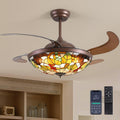 52 inch Tiffany Ceiling Fan with Light Stained Glass Fandelier with Retractable Blades 52' Vintage Ceiling Fan Light Dimmable LED Fandelier for Bedroom and Living Room
