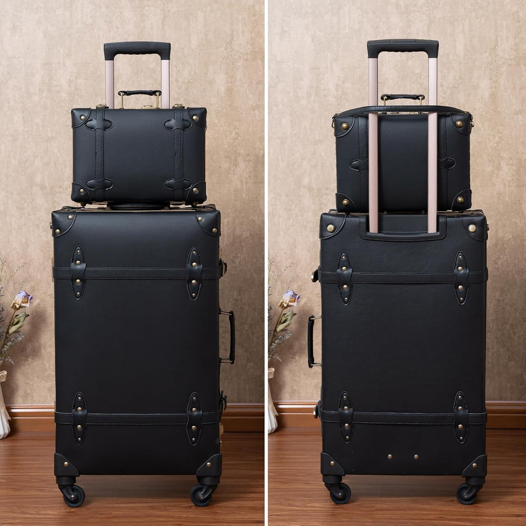 urecity Designer Vintage Trunk Combination Luggage Sets of 2 Piece, Hard Shell Retro Travel Suitcase with Wheels (Black, 20'+12')