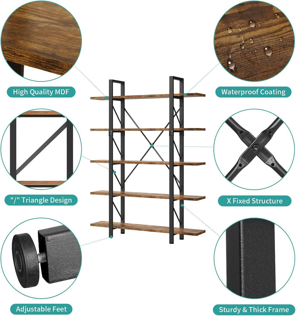 YITAHOME 5 Tier Bookcase, Artsy Modern Bookshelf, Book Rack, Storage Rack Shelves in Living Room/Home/Office, Books Holder Organizer for Books/Movies - Rustic Brown