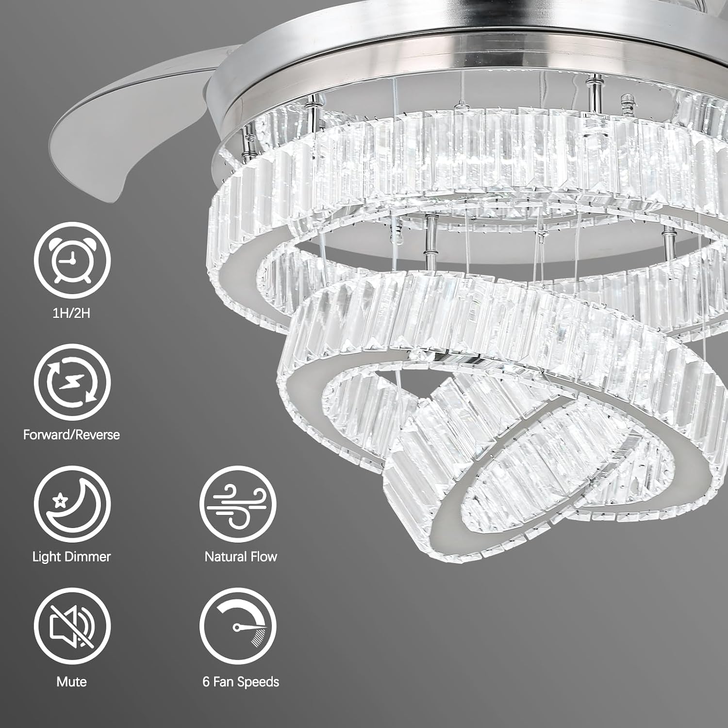 42'' Chrome Crystal Fandelier Ceiling Fan with Lights, Dimmable LED Chandelier Fan, Retractable Blades, Remote & APP Control, 6-Speed Reversible, Flush Mount for Bedroom Living Room Dining Room