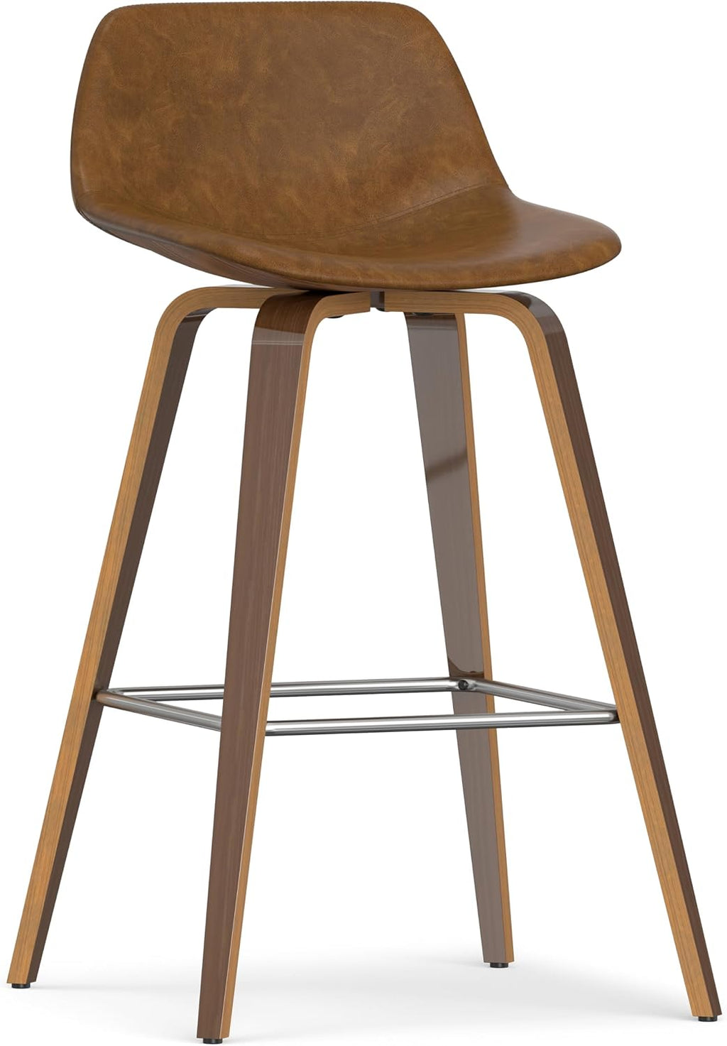 SIMPLIHOME Randolph Counter Stools (Set of 2) - 28 Inch Seat Height Upholstered Bentwood Kitchen Seats in Deep Tan Vegan Faux Leather, Mid Century Modern Seating with Curved Backrest and Footrest