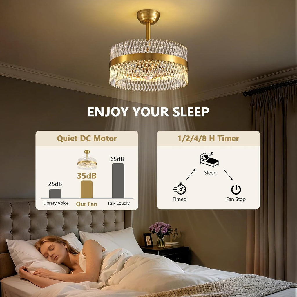 NOXARTE 20 Inch Fandelier Ceiling Fans with Light, Crystal Chandelier Fan, Gold Ceiling Fan with Remote, Modern Fandelier with 6 Reverse Speed, 3CCT, Dimmable, Timer for Bedroom,Living Room