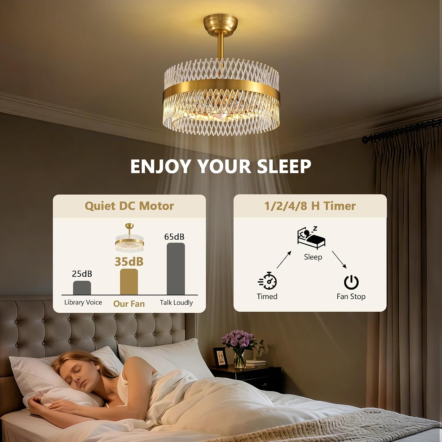 NOXARTE 20 Inch Fandelier Ceiling Fans with Light, Crystal Chandelier Fan, Gold Ceiling Fan with Remote, Modern Fandelier with 6 Reverse Speed, 3CCT, Dimmable, Timer for Bedroom,Living Room