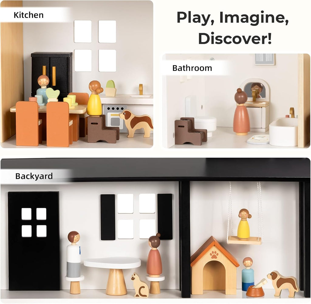 OOOK Wooden Dollhouse, Modern Doll House with 66Pcs Luxurious Furniture Accessories, Including Dolls and Pet Sets, Wood Dollhouse Toy for Boys and Girls 3+