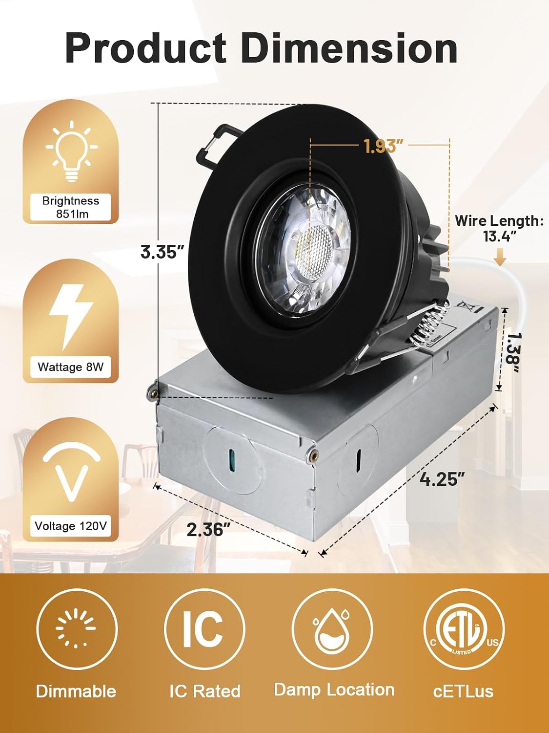 POPANU Premium 3-Inch Gimbal LED Recessed Light Canless Downlight Rotatable Spotlight with Junction Box, Eyeball Ceilling Potlight, Dimmable, 8W 5CCT Adjustable, Black Round Trim, 12 Pack