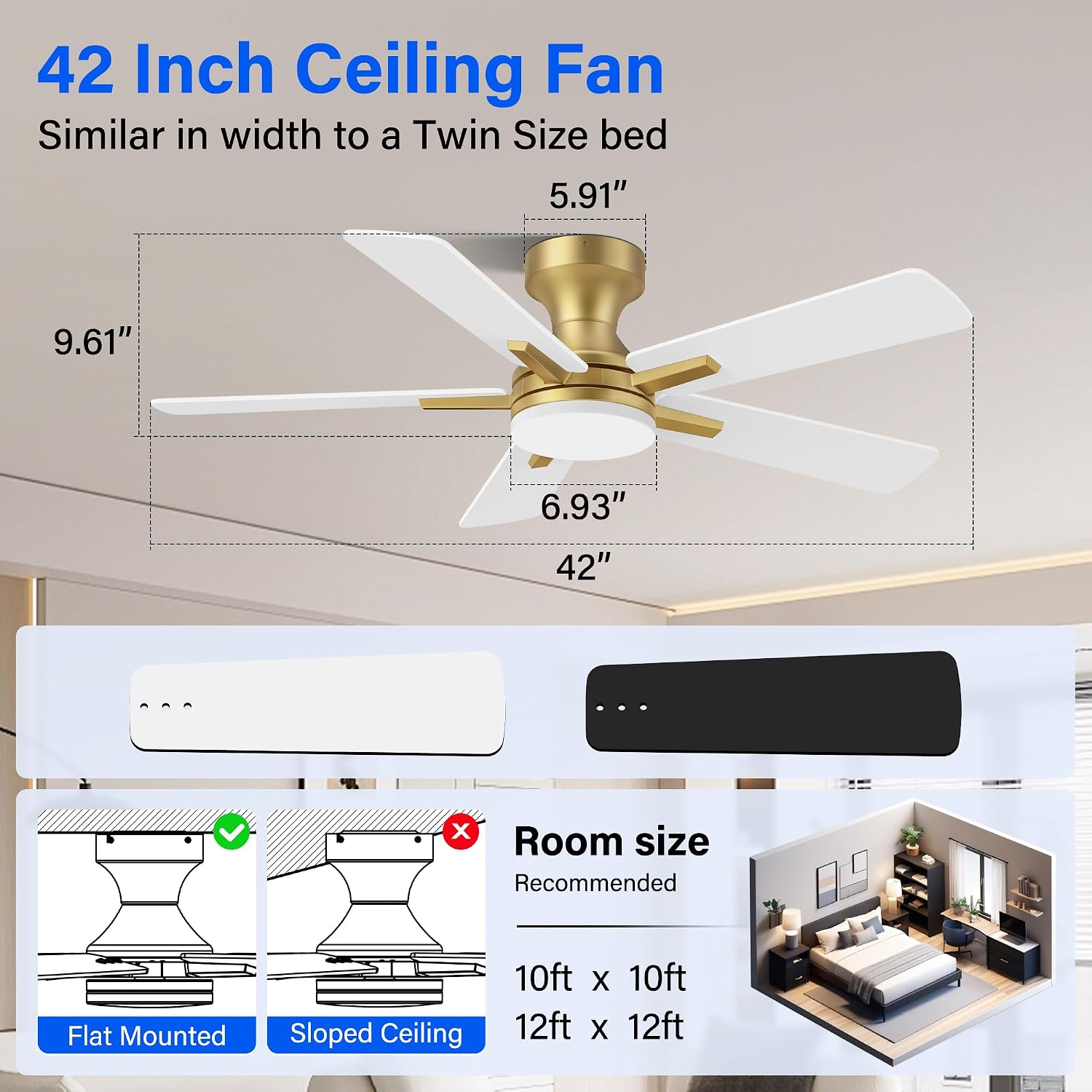 42 Inch Ceiling Fans with lights,RGB Low Profile Ceiling Fan with Light and Remote Control,Modern Flush Mount Ceiling Fans for Bedroom,Patio,Porch,Outdoor Indoor Use,in Black White and Gold,Quiet