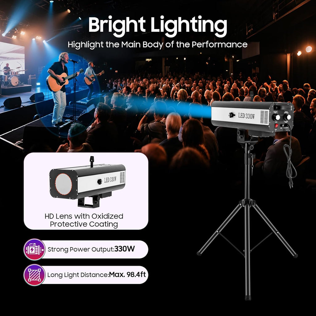 Stage Spotlight, 330W LED Follow Stage Spot Light with Stand 6 Colors Adjustable Aperture 4 Light Paths Manual Control Professional Focused Lamp 98.4ft Range for Theaters Disco Party (330W)