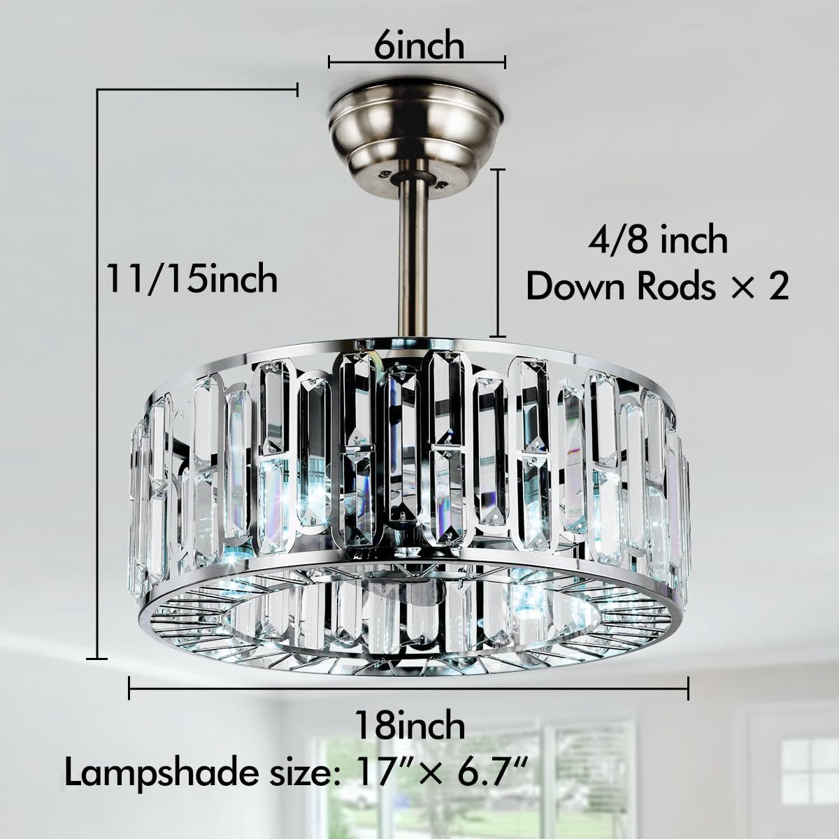 18' Crystal Chandelier Ceiling Fan with Light and Remote, Industrial Enclosed Bladeless Silver Fandelier Ceiling Fan 3 Speeds Timer for Farmhouse Kitchen Island