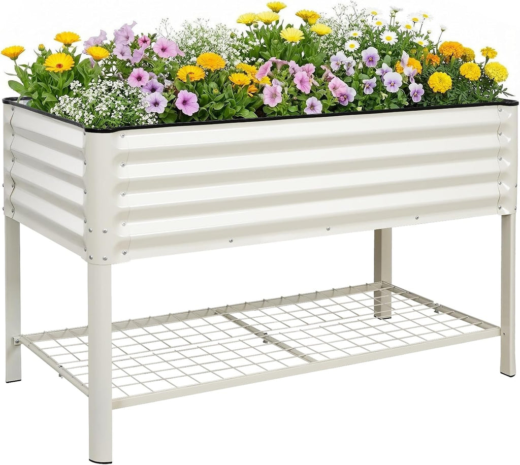 Elevated Raised Garden Bed with Legs - 48''x24''x32'' Galvanized Metal Standing Planter Boxes Outdoor with Bottom Storage Shelf for Backyard, Patio, Balcony, Vegetables, Flowers, White