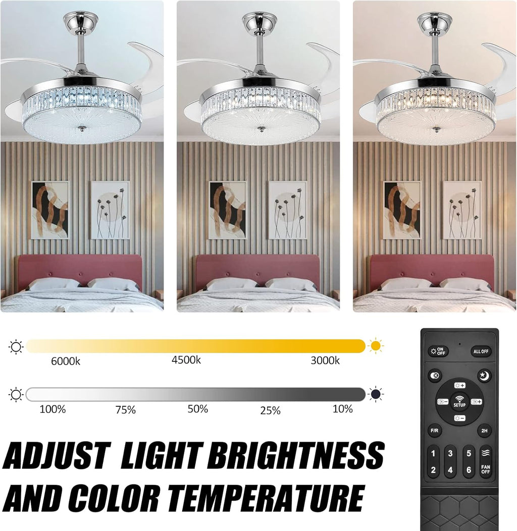 Bavnnro Crystal Ceiling Fans with Lights,42 Inch LED 3 Color Remote Control Retractable Invisible Blades 3 Speeds Indoor Ceiling Light Kits with Fans for Decorate Living Room Bedroom