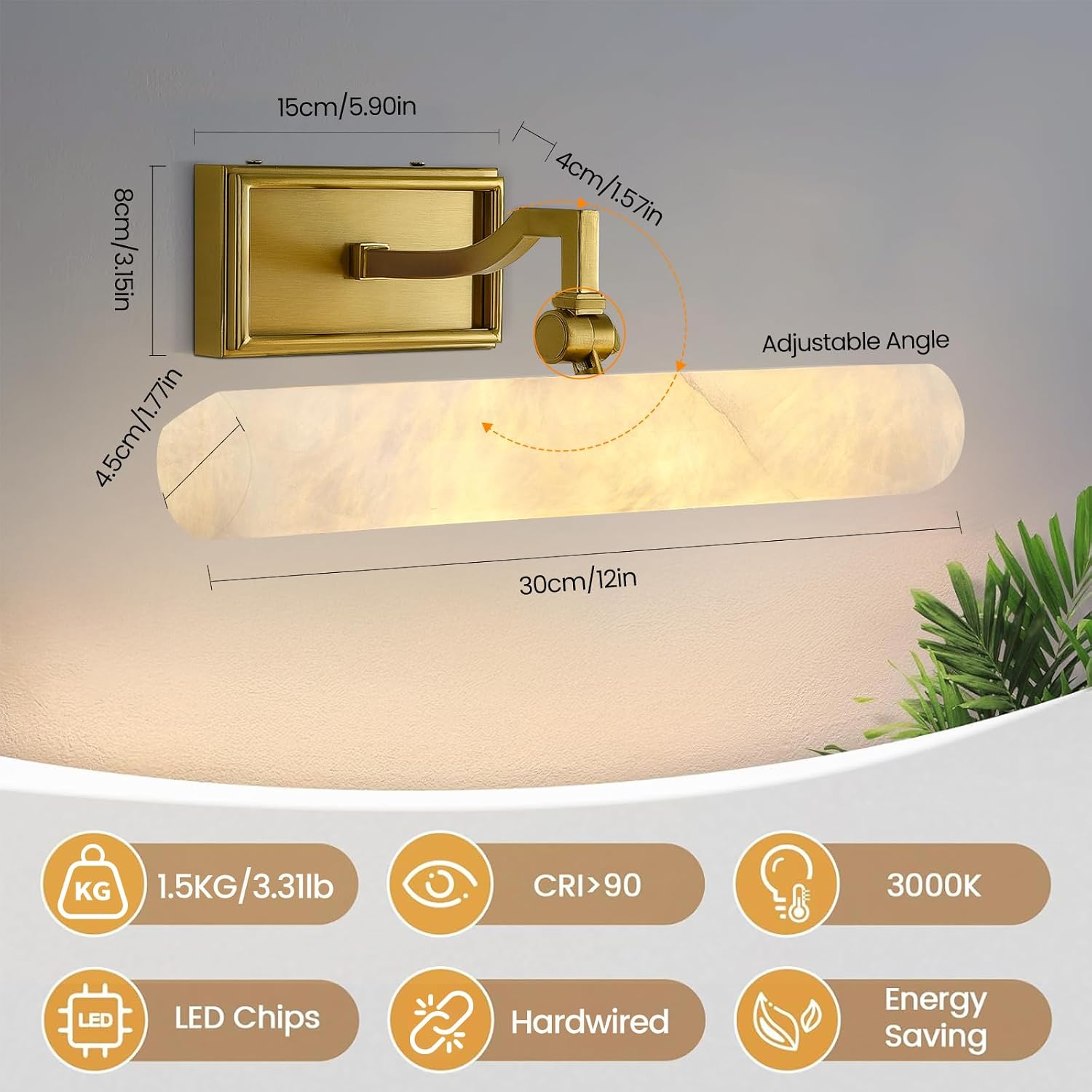 12in Alabaster Picture Light for Wall Art, Brushed Gold Art Display Light, Natural Marble Bathroom Vanity Lights, Modern Dimmable Brass Hardwired Picture Frame Light for Paintings, Poster, Library