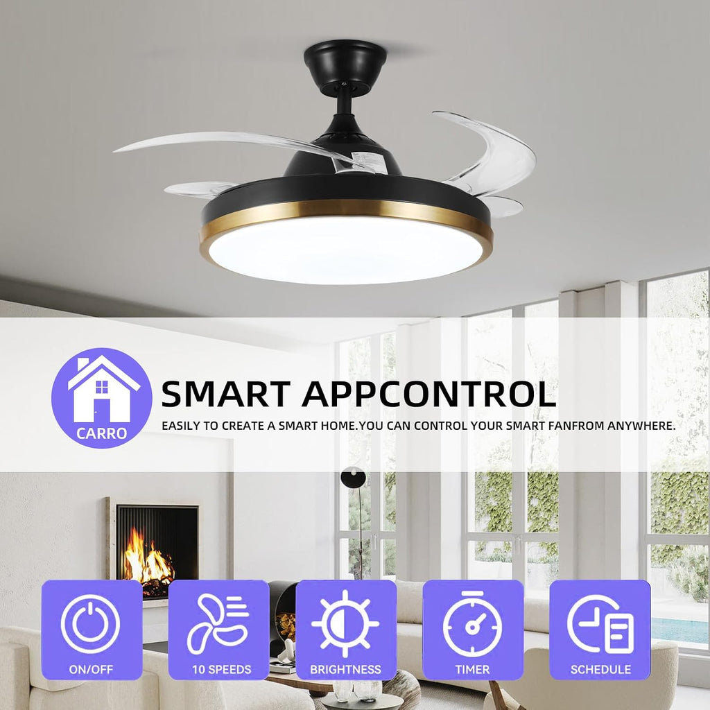 42' Retractable Ceiling Fan with Lights & Bluetooth Speaker Color Changing LED,Black and Gold, Alexa and Google App Control,Invisible Blades, Dimmable Fandelier Chandelier with Remote Control