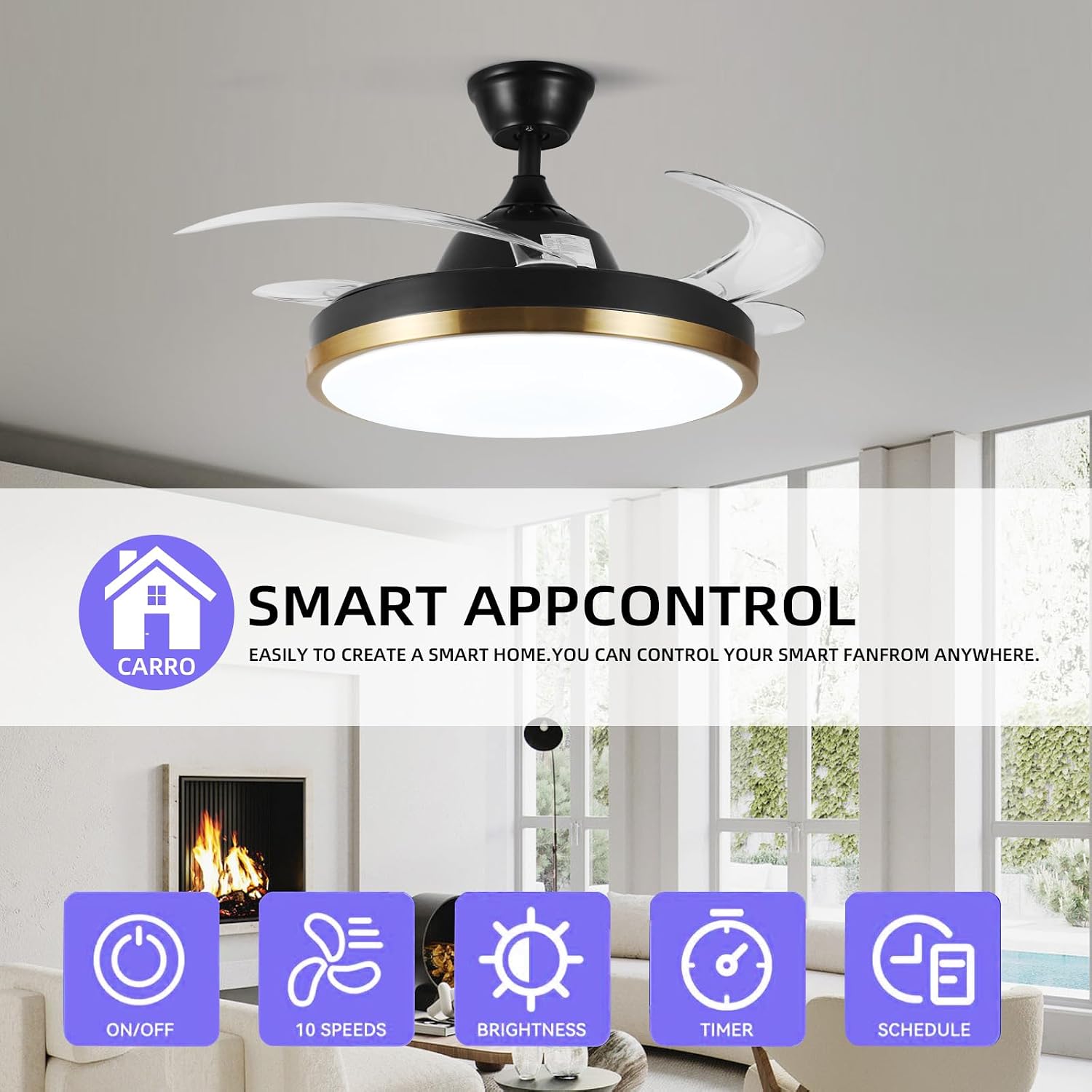 42' Retractable Ceiling Fan with Lights & Bluetooth Speaker Color Changing LED,Black and Gold, Alexa and Google App Control,Invisible Blades, Dimmable Fandelier Chandelier with Remote Control