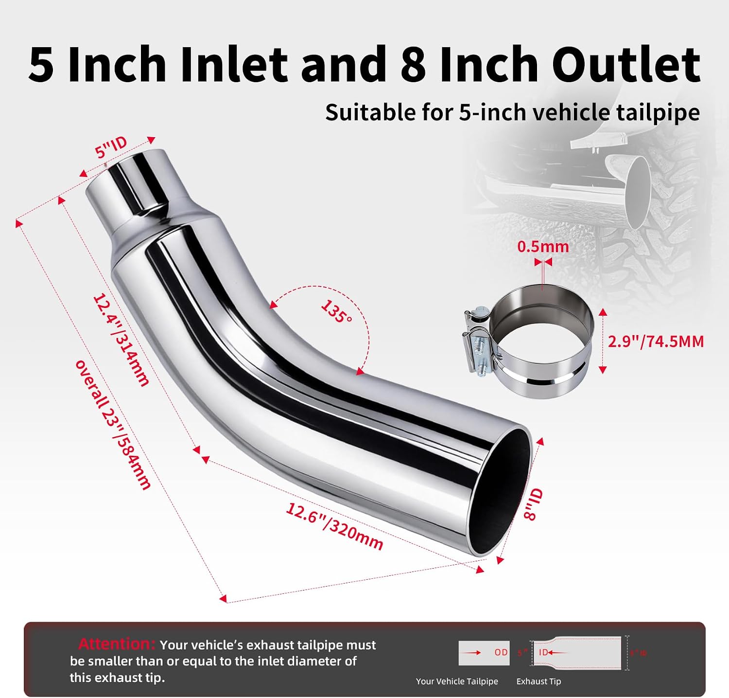 Exhaust Tip Universal 5 to 8 Inch Exhaust Elbow Pipe with Clamp – Chrome Fits Car, Truck & Diesel, Pickup Truck