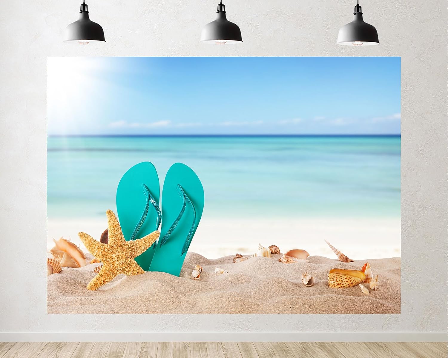Trykid 20x10ft Turquoise Flip Flops Backdrop Starfish Seashells Tropical Sand Clear Blue Ocean Photography Background Summer Vacation Event Decor Party Decoration Photo Booth Prop Fabric