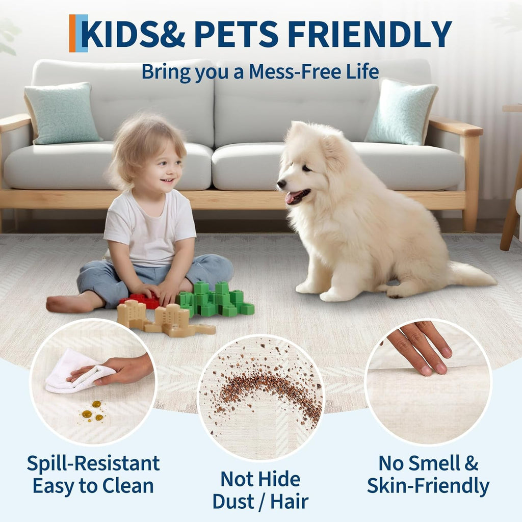 Washable 9x12 Area Rugs for Living Room Non Slip Modern Solid Bordered Rug, Stain Resistant Bordered Soft Carpet, Neutral Foldable Floor Rugs for Bedroom Dining Room Nursery Farmhouse,Ivory White