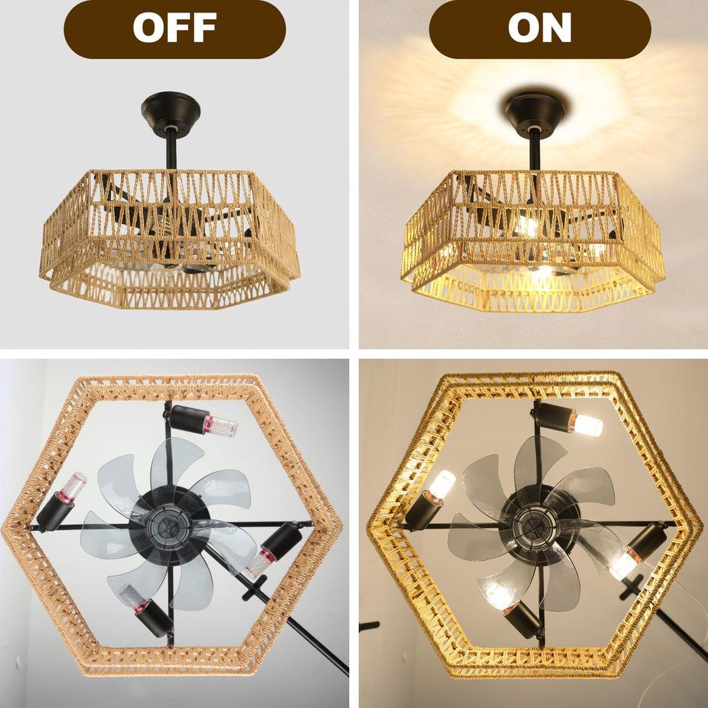 Ceiling Fans with Lights Flush Mount, 20 Inch Caged Low Profile Ceiling Fans with 3 Mode Lighting and Remote Control with E26 Bulbs for Bedroom, Nursery, Garage (Yellow (Hexagon))
