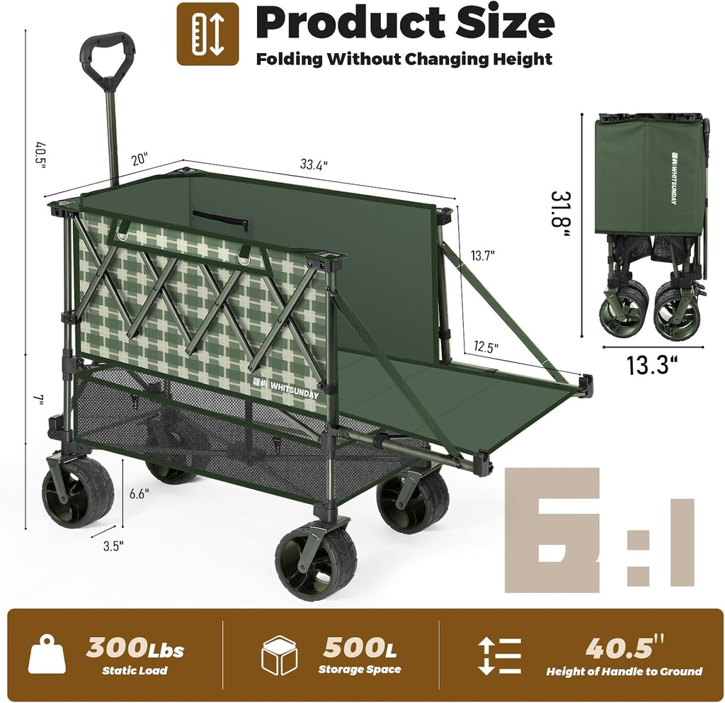 Whitsunday Double Decker Wagon, Heavy Duty Foldable Large Beach Wagon Cart with All-Terrain Big Wheels for Sports,Camping,Outdoor Green