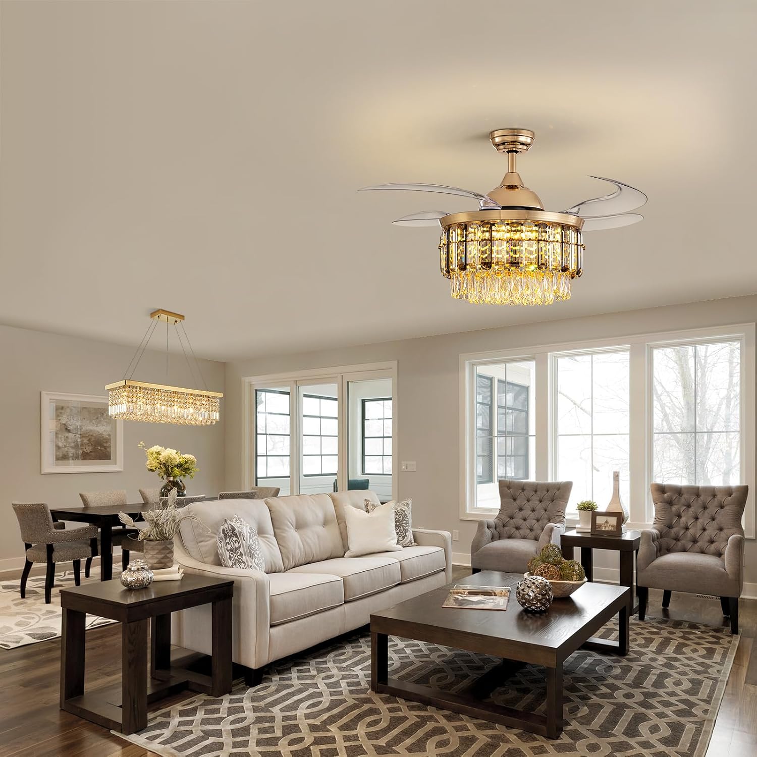 Siljoy 48 Inch Crystal Ceiling Fan with Light, Retractable Ceiling Fan with Lights Chandelier Fan, 6 Speeds, Dimmable Rose Gold Crystal Fandelier for Bedroom, Living Room, Dining Room