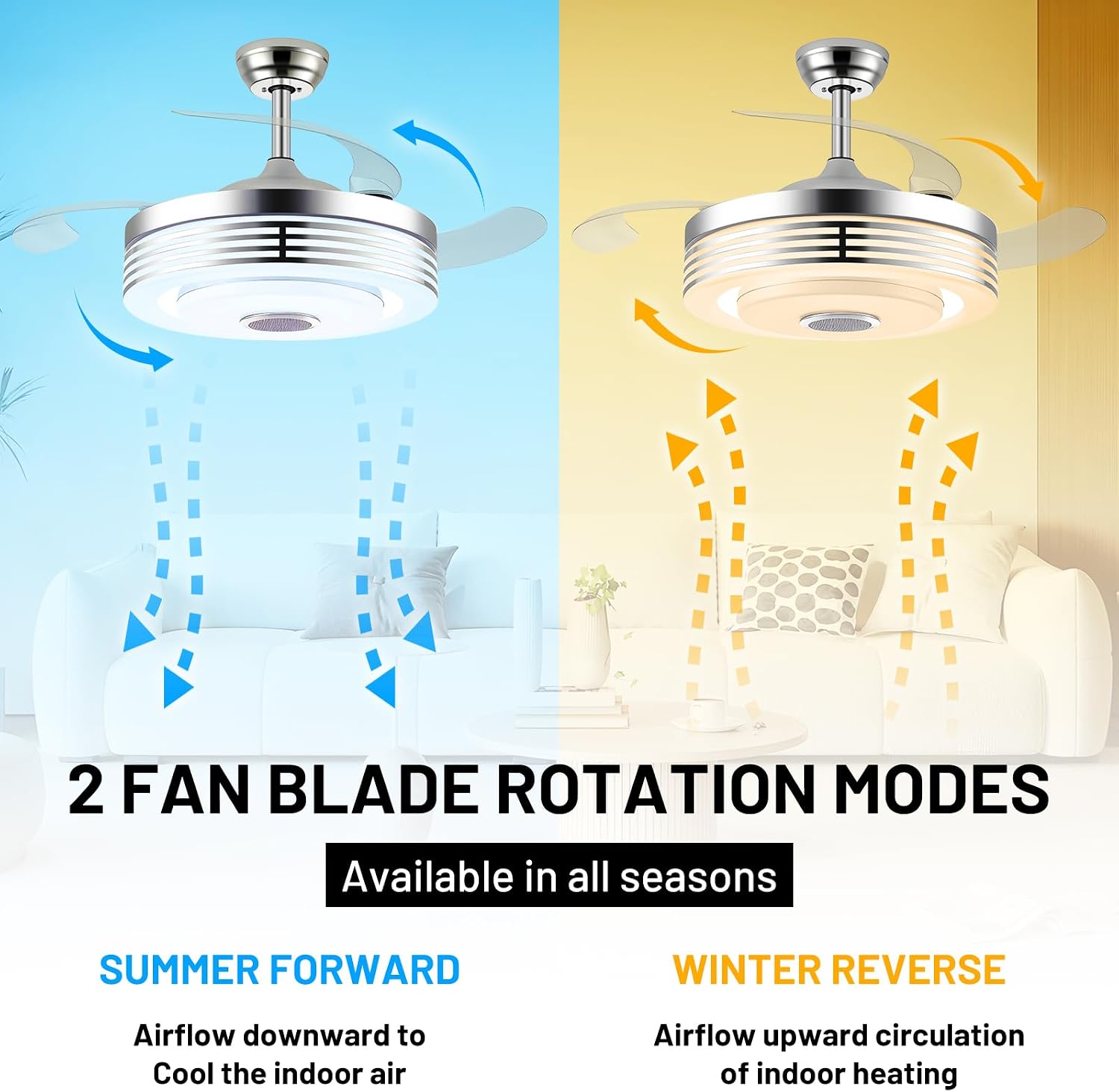 48 Inch Fandelier Ceiling Fan with Light and APP/Remote,Bluetooth RGB Ceiling Fan with Music Speaker,3 Retractable Blades 6 Speed Chandelier Fan for Bedroom Living Room Dining Room