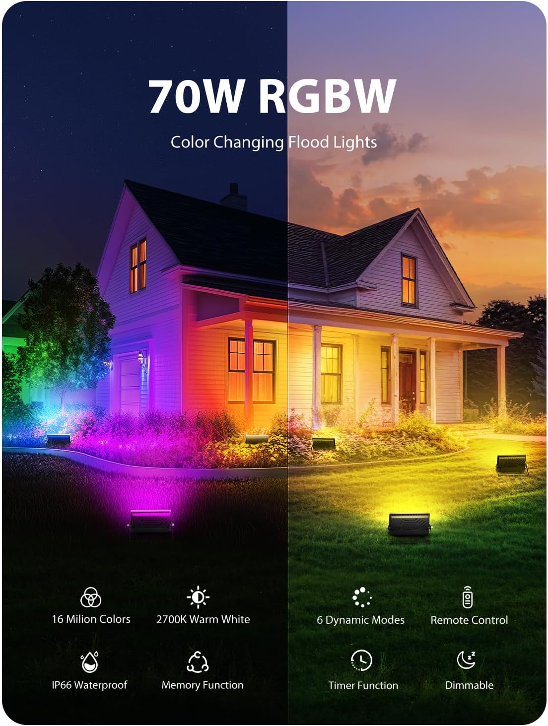 Onforu 6 Pack RGB LED Flood Light Outdoor, 70W Color Changing Uplights with Remote, 2700K Warm White IP66 Stage Lighting, Landscape Floor Spotlights Indoor, Uplighting Indoor Floor Light for Christmas