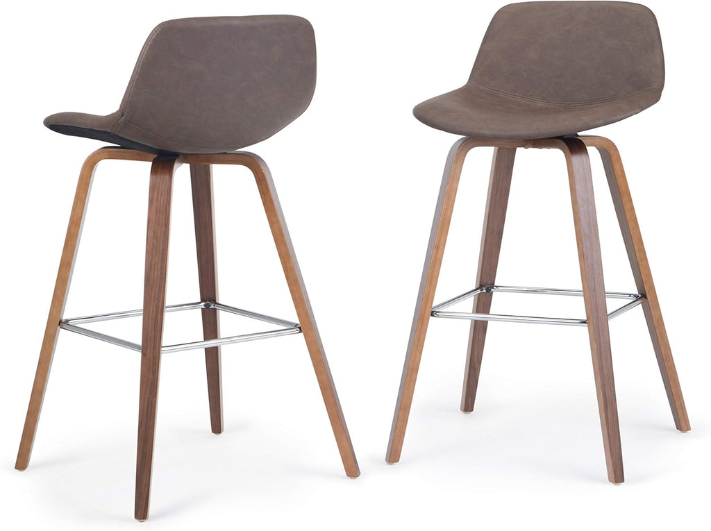 SIMPLIHOME Randolph Counter Stools (Set of 2) - 28 Inch Seat Height Upholstered Bentwood Kitchen Seats in Distressed Chocolate Brown Vegan Faux Leather, Mid Century Modern Seating with Chrome Footrest