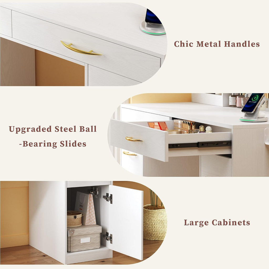 ALEXNUTRE Vanity Desk with Mirror and Lights, Makeup Vanity with Outlets & Large Mirror & 6 Drawers,White Vanity with 3-Color Adjustable Lighting, Makeup Vanity for Bedroom