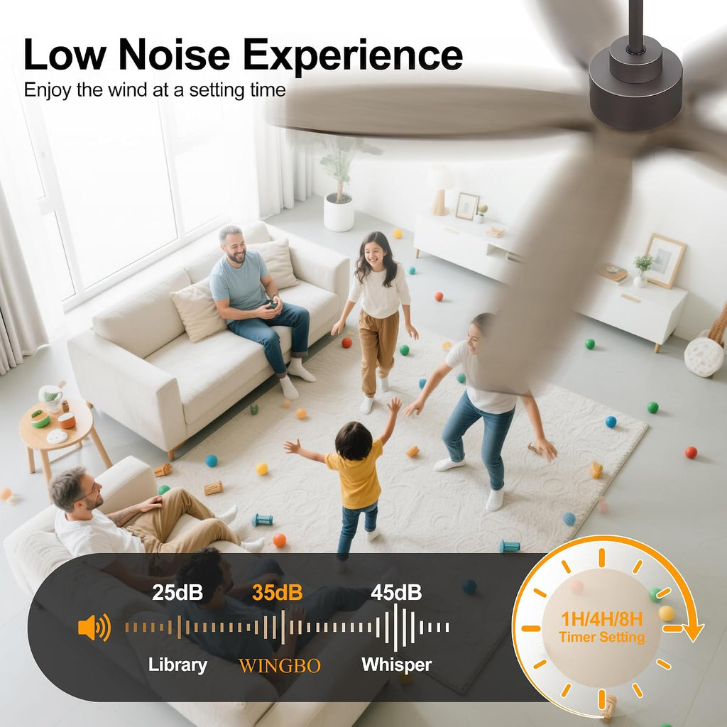 WINGBO 54' Ceiling Fan with Light - 5 Carved Solid Wood Blades, 6-Speed Reversible DC Motor, Dimmable, 3CCT, Noiseless Remote Control Ceiling Fans with Lights for Bedroom Living Room, Charcoal Gray