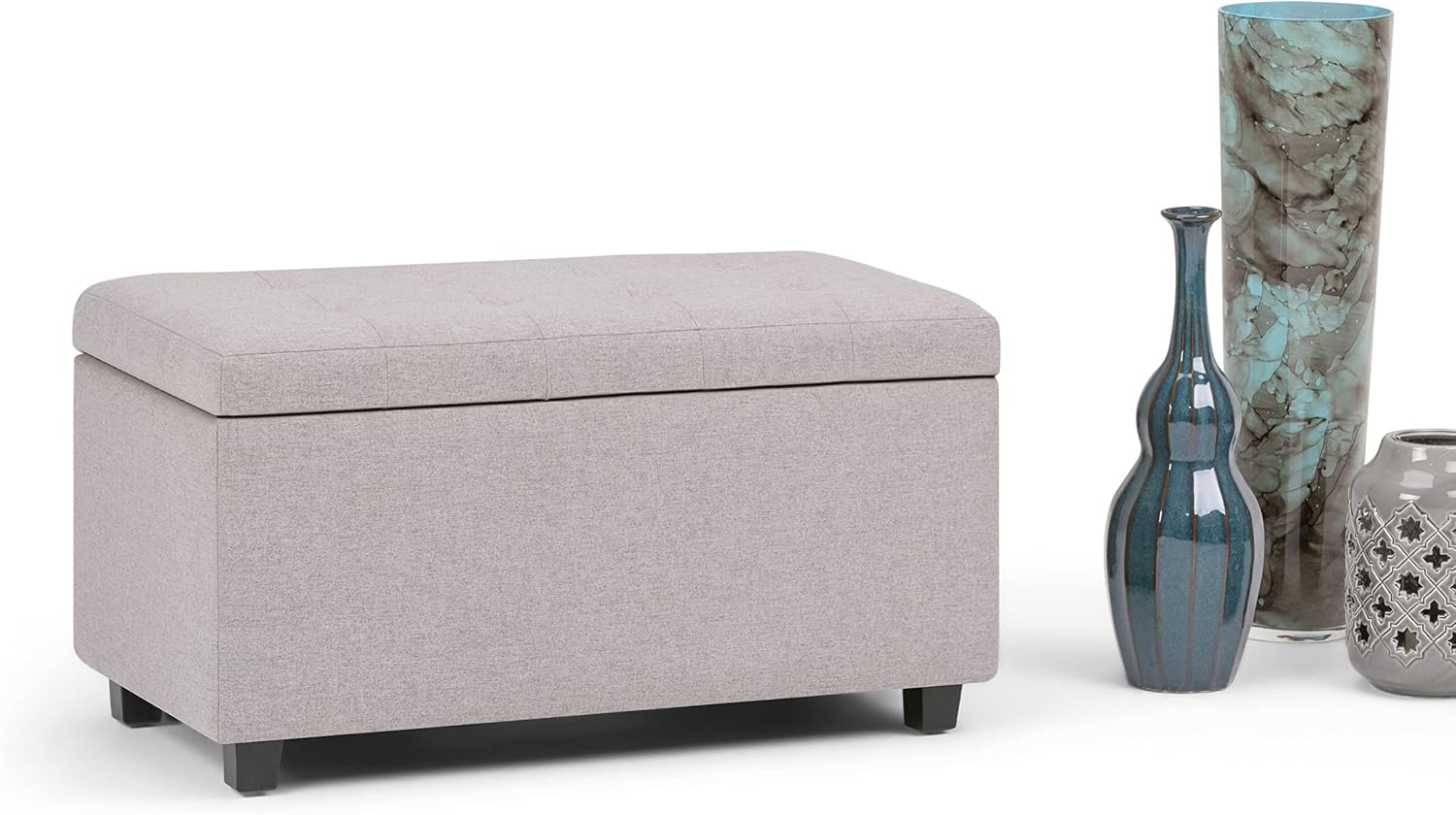 SIMPLIHOME Cosmopolitan Storage Ottoman - 34 inch Wide Upholstered Linen Look Fabric Rectangle Storage Ottoman Bench in Cloud Grey, Transitional Tufted Ottoman for Living Room with Lift-Up Lid