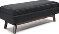 SIMPLIHOME Owen Rectangular Storage Ottoman - 48 inch Wide Upholstered Vegan Leather Lift-Top Ottoman in Midnight Black, Mid-Century Modern Ottoman for Living Room with Tufted Detail