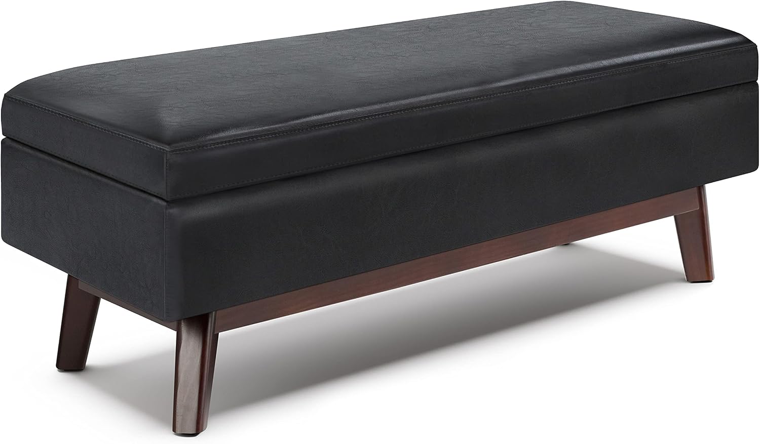 SIMPLIHOME Owen Rectangular Storage Ottoman - 48 inch Wide Upholstered Vegan Leather Lift-Top Ottoman in Midnight Black, Mid-Century Modern Ottoman for Living Room with Tufted Detail