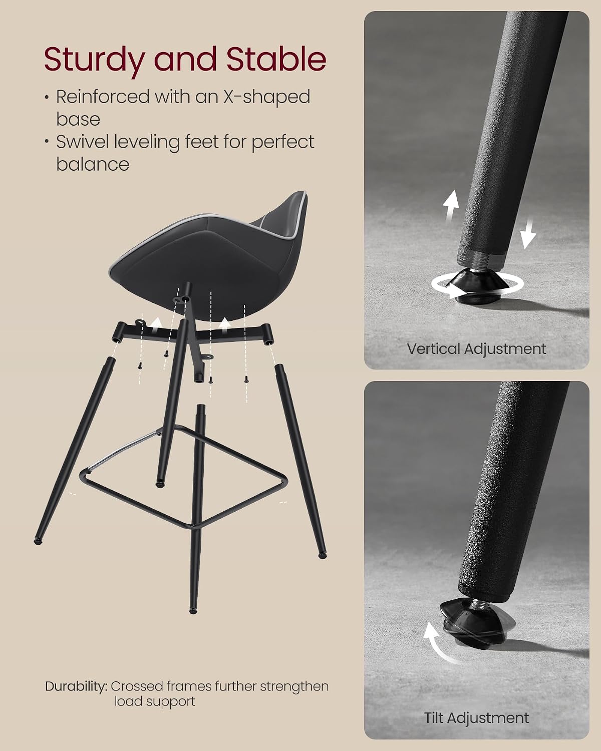 VASAGLE Bar Stools Set of 2, Counter Height Bar Stools with Back, Ergonomic Backrest, Synthetic Leather, Metal Legs, 24.8-Inch Tall Barstools for Kitchen Island Home Bar, Easy Assembly, Ink Black