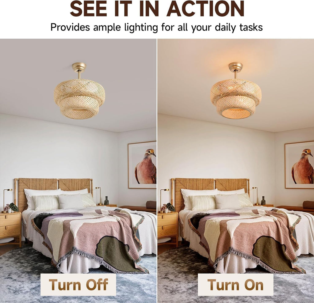 Fandelier Ceiling Fan with Light - 18.9' Boho Rattan Caged Ceiling Fan, Remote Controlled Wicker Chandelier Fan Light Fixture for Bedroom, Kitchen, Living Room, Nursery, E26 Base