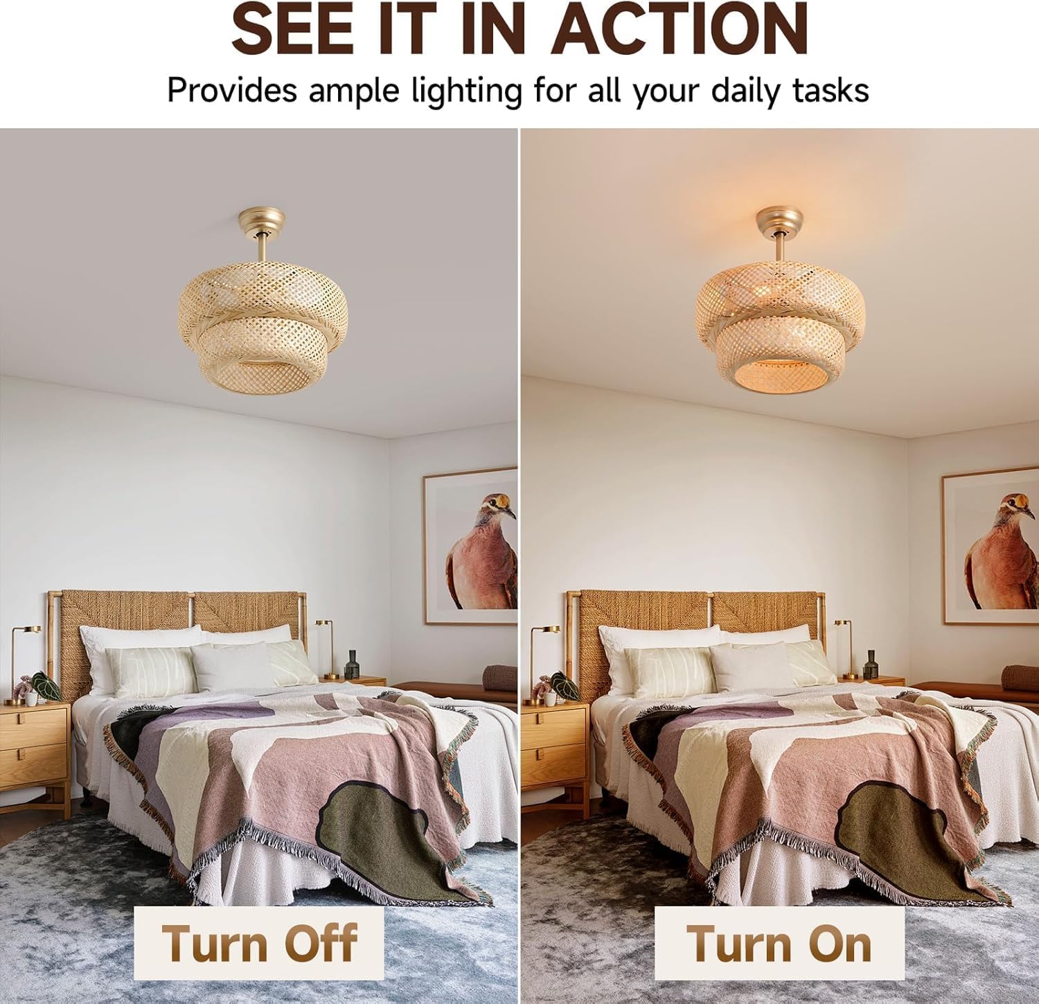 Fandelier Ceiling Fan with Light - 18.9' Boho Rattan Caged Ceiling Fan, Remote Controlled Wicker Chandelier Fan Light Fixture for Bedroom, Kitchen, Living Room, Nursery, E26 Base