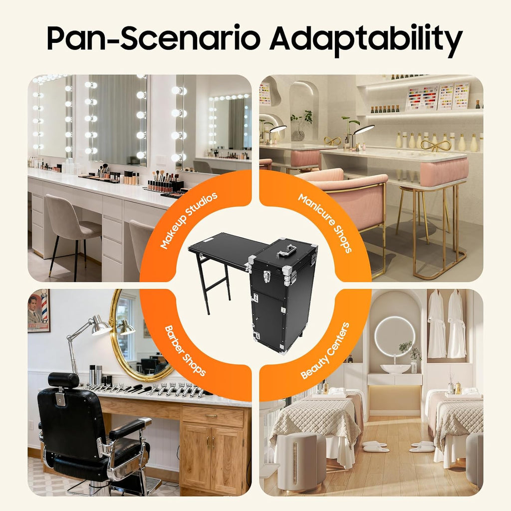 Rolling Manicure Table Train Case with 4 Universal Wheels,Professional Makeup Suitcase With Drawers & Unfold Table,2 Built-In Music Speakers,Travel Cosmetic Storage Train for Artist,Hairstylist(Black)