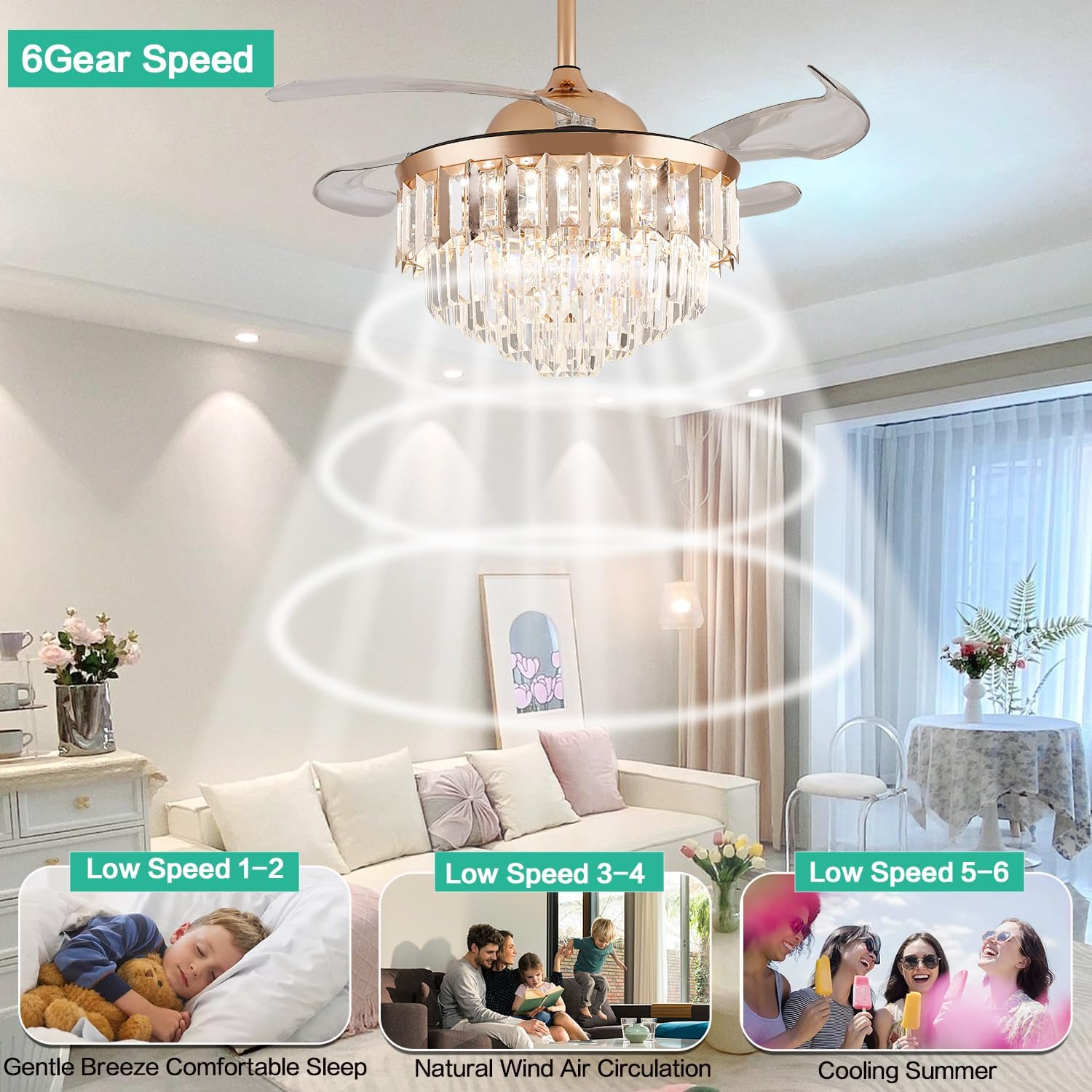 48' Dimmable Gold Fandelier Crystal LED Ceiling Fans with Lights and Remote Modern Retractable Blade Ceiling Lighting Fan Kit for Bedroom Dinning Room Living Room
